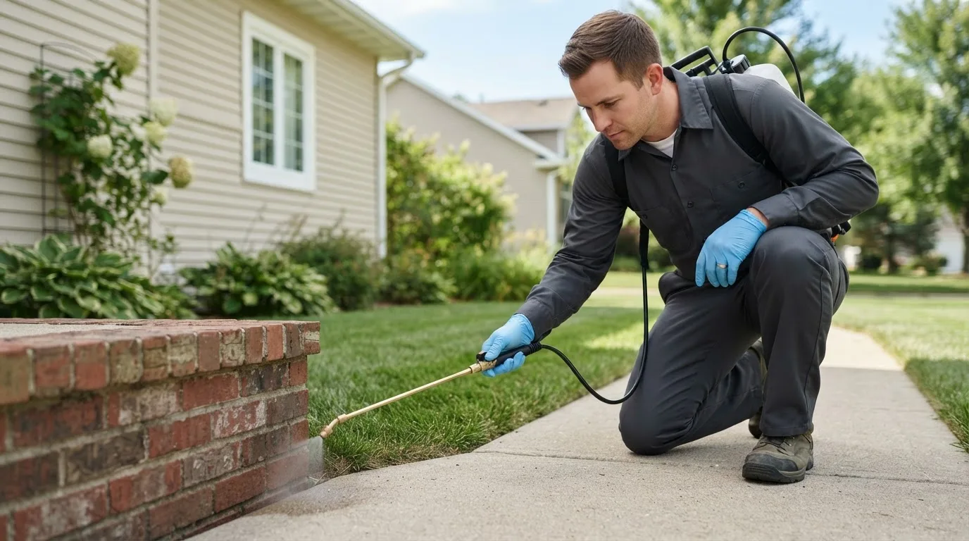 Pest control technician treating a home near Amity, AR